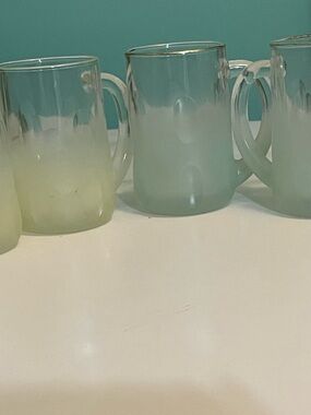 Set of 8 Fire King/Anchor Frosted Gradient Thumbprint Mugs in Pastel colors.